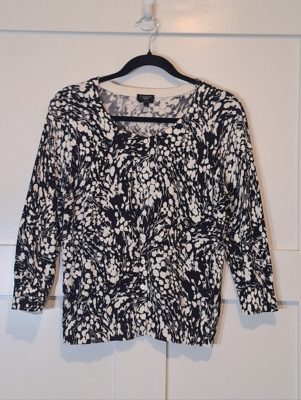 Talbots Cardigan Button Down Front Pima Cotton MP Medium Petite Black White